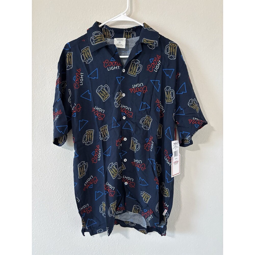 Coors Light Men Neon Signs Short Sleeve Navy Woven Shirt Size Small, Button NWT